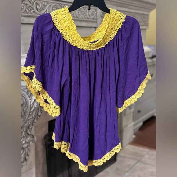 Women’s Size L Purple & Gold Rayon Blouse Tunic Off The Shoulder Lace Trim - Picture 1 of 7